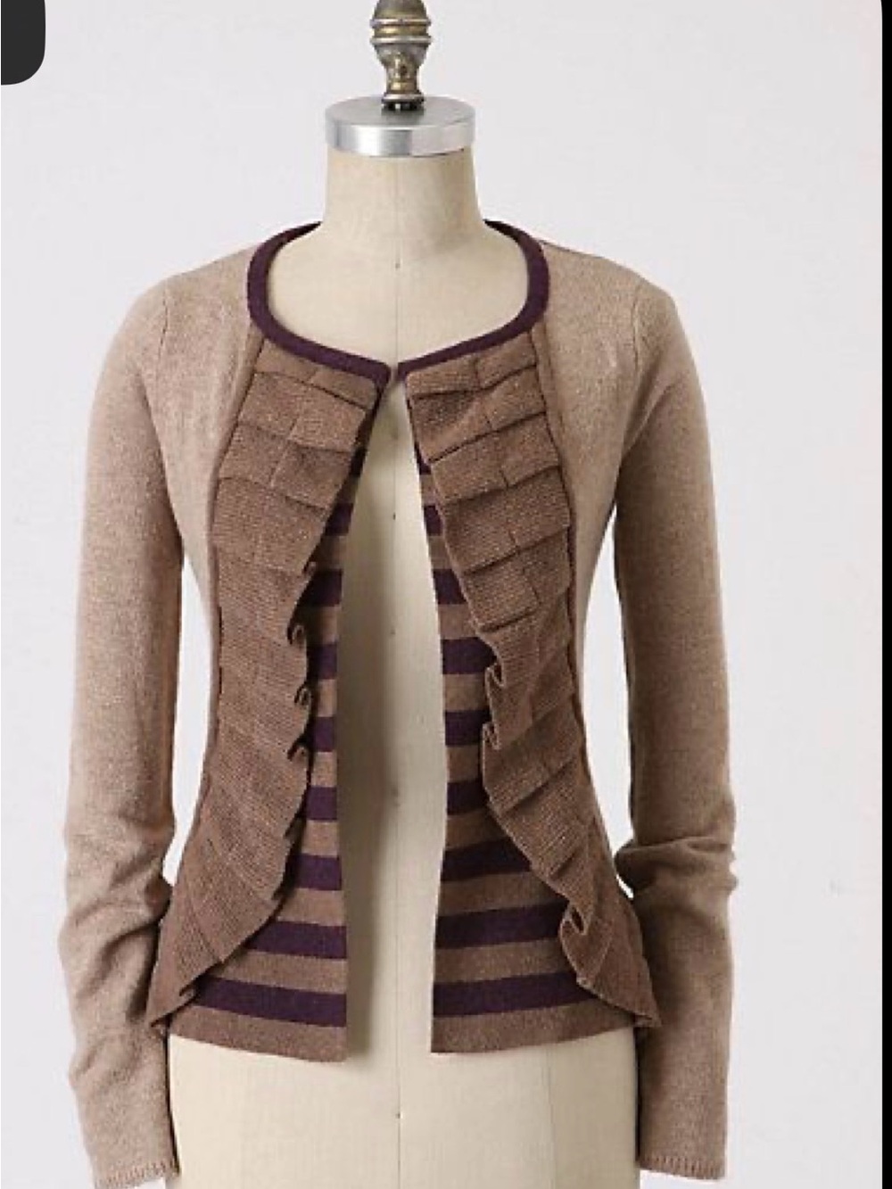 Anthropologie Taupe and Plum Layered Ruffle Cardigan